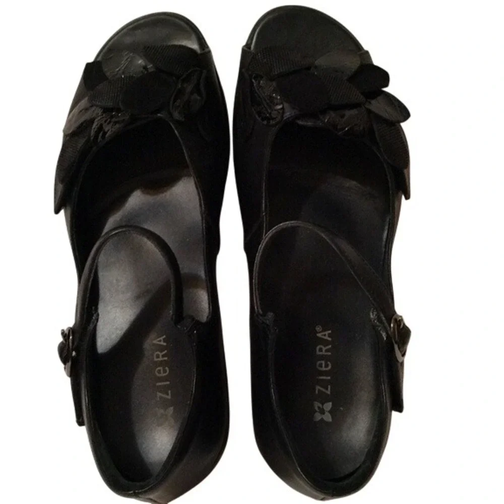 Ziera Women's Mary Janes Black Leather Floral  Shoes Flower Sz 40‎ US